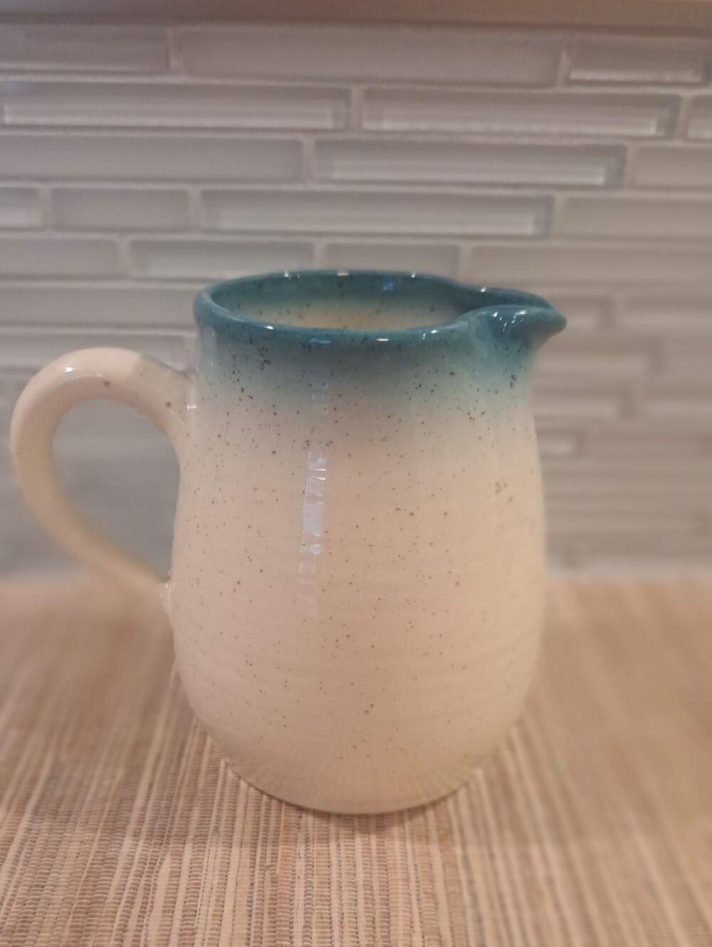 Franciscan Country Craft Blue Skies Creamer 4.5" Tall. Beige blue rim speckle